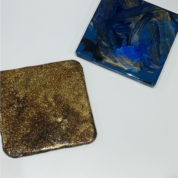 Handmade One Of a Kind Set of Stunning Blue & Gold Coasters 4x4 - Picture 6 of 6